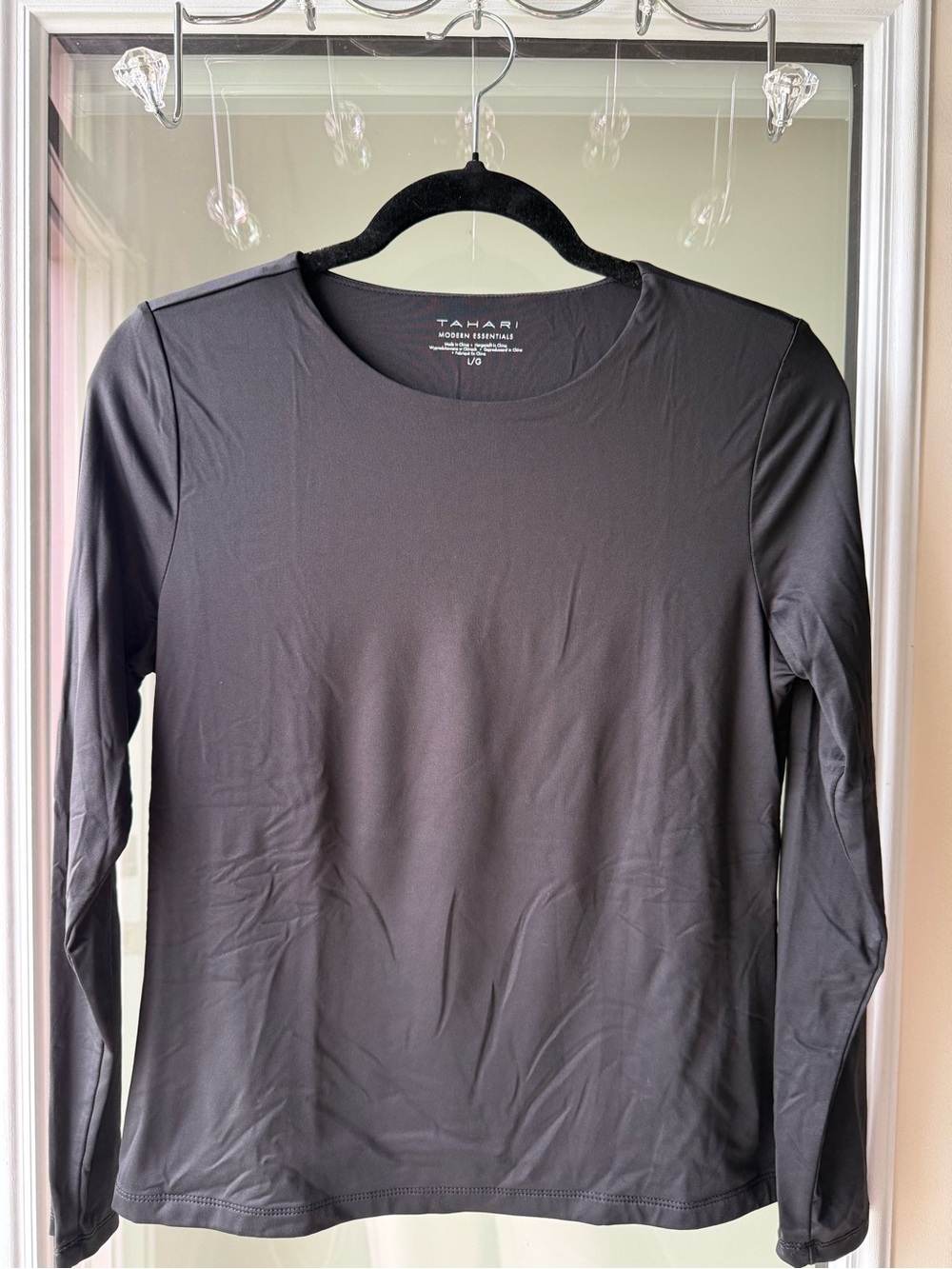 Tahari Black Long Sleeve Crewneck Top - Stretch Knit